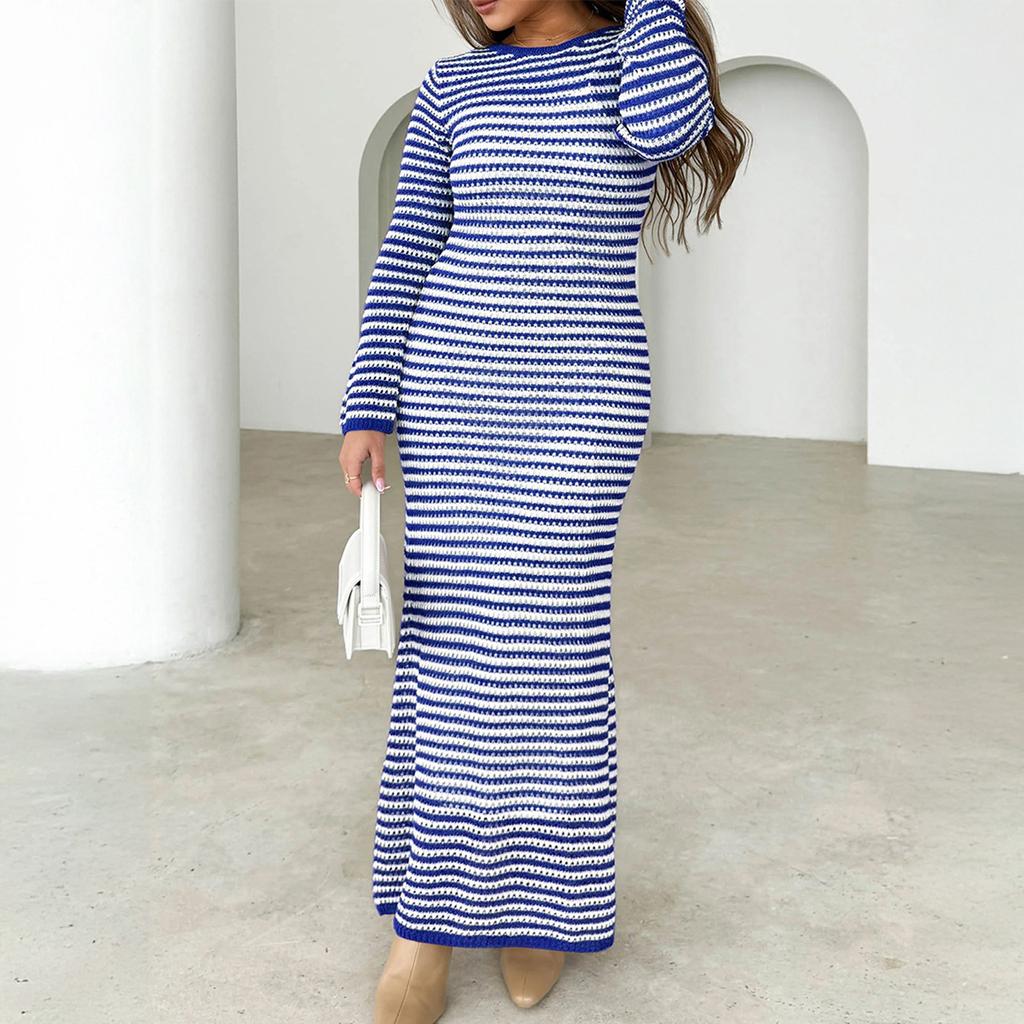Dámské ležérní pruhované svetrové šaty s dlouhým rukávem, středně dlouhé šaty, šaty úzkého střihu