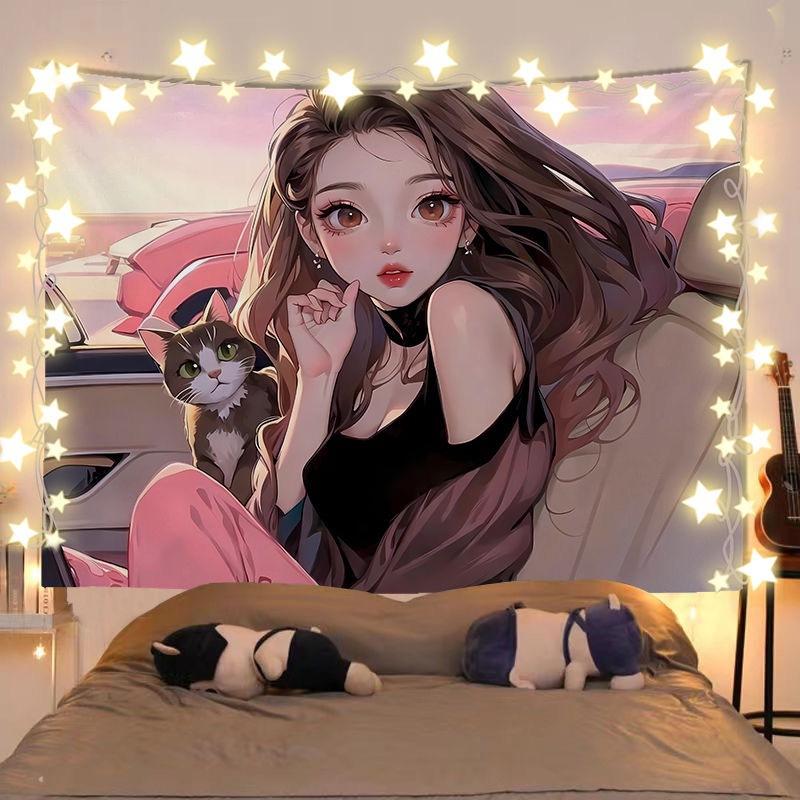 Sunset Anime Girl Cat Wall Tapestry Polyester Wall Hanging for Bedroom Living Room Dorm Gaming Room Decor 100X70CM