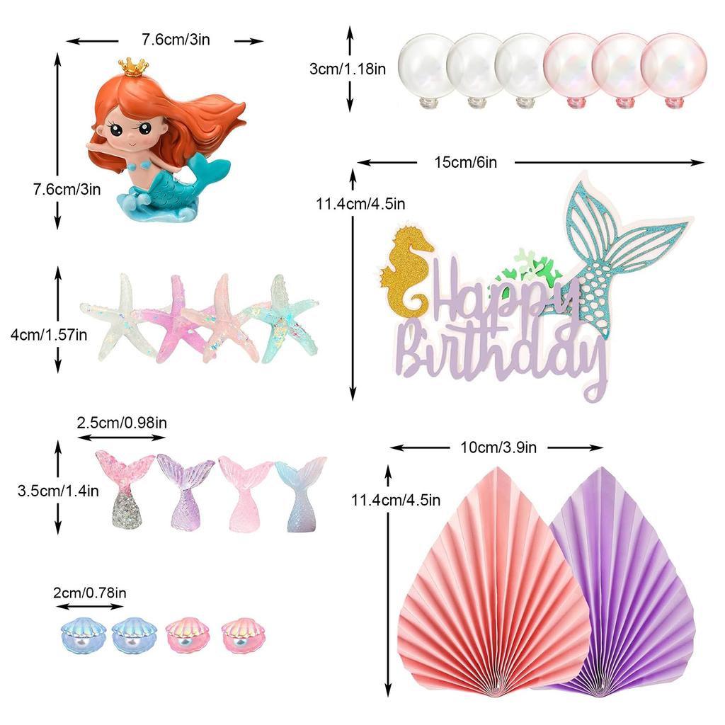 The Sea Cake Toppers Set with Little Resin 3D Mermaid Seaweed Bubble Starfish Shell Mermaid Tail Cupcake Picks