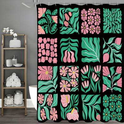 Floral Plant Collage Pink Green Shower Curtain, Bathroom Decorative Shower Curtain, Waterproof Shower Curtain with Hooks