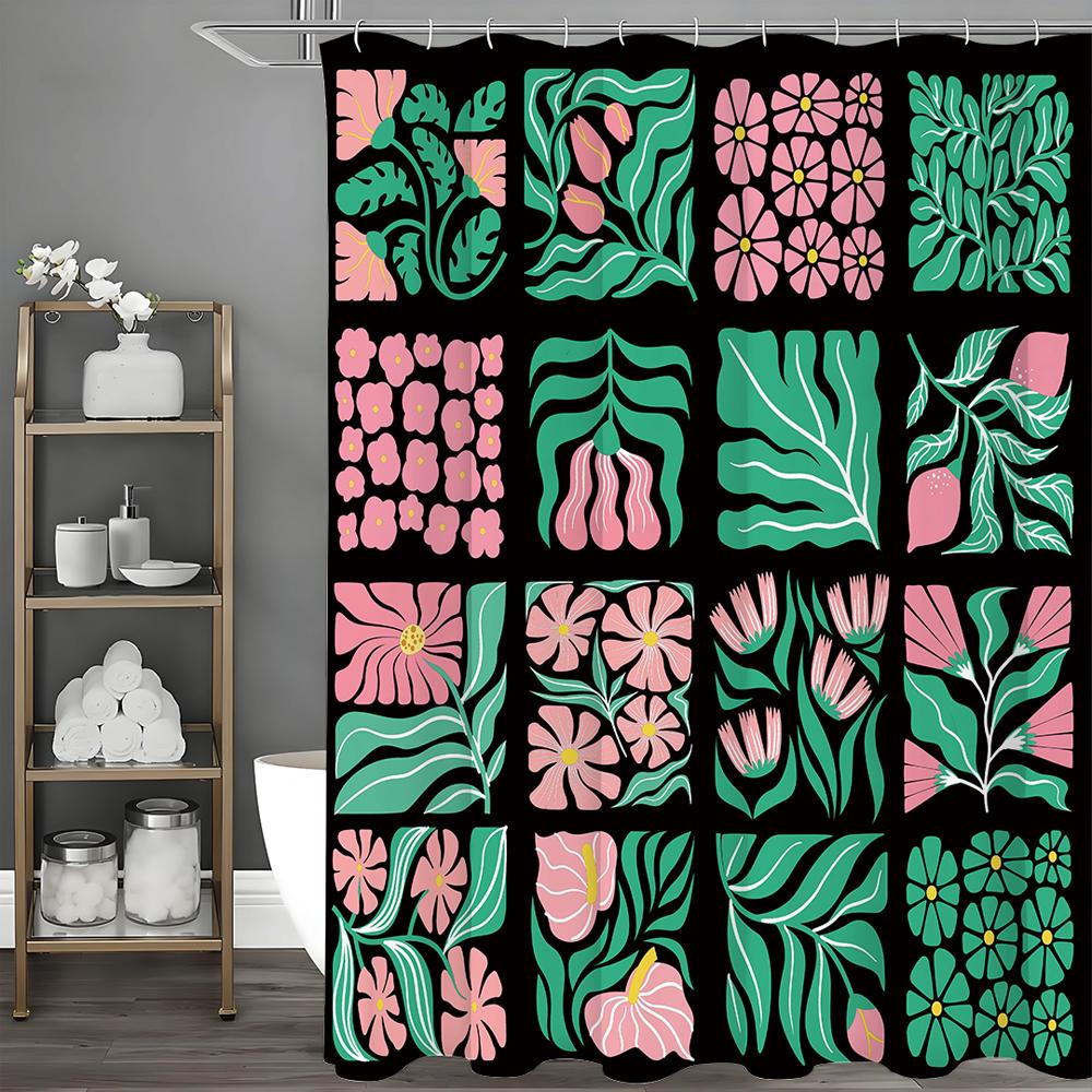 

Floral Plant Collage Pink Green Shower Curtain, Bathroom Decorative Shower Curtain, Waterproof Shower Curtain with Hooks 90*180cm