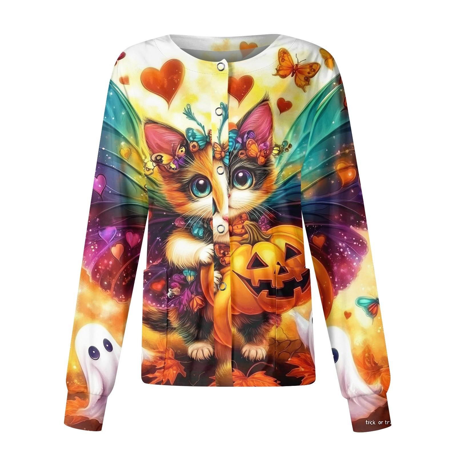 

Women s Halloween Printed Casual Long-sleeved Single-breasted Work Uniform Cardigan Top L