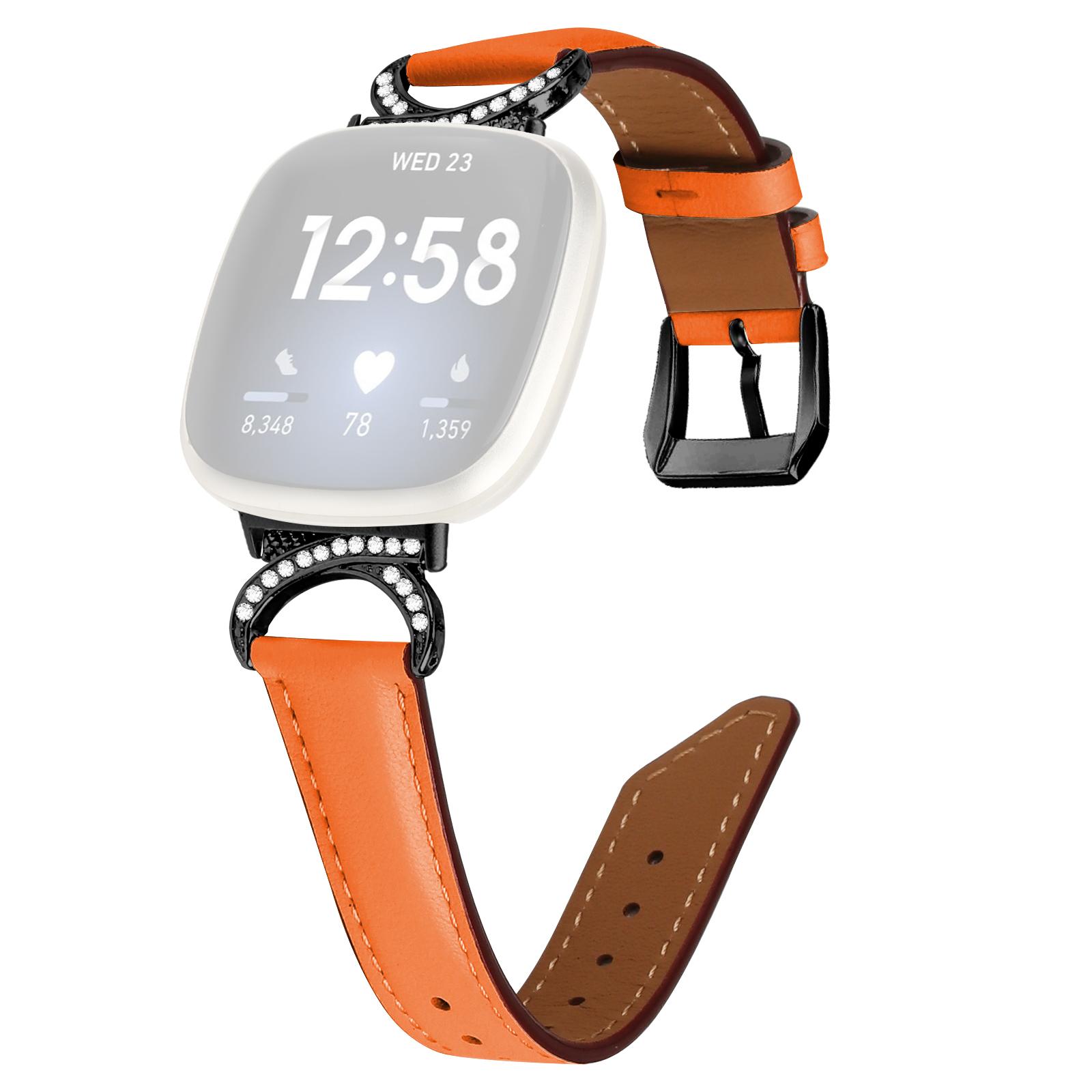 

For Fitbit Versa 3/Versa 4/Sense/Sense 2 Split Leather Watch Strap Rhinestone D-shape Connector Wrist Band with Black Buckle Orange
