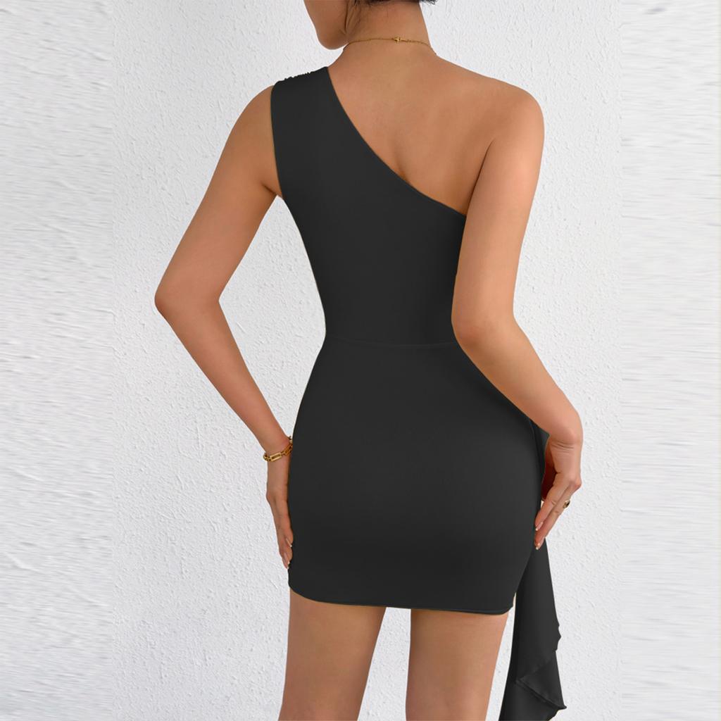 Damen Ein Schulter Ärmellos Bodycon Kleid Raffung Minikleid Asymmetrischer Saum Stretch Stoff Clubwear