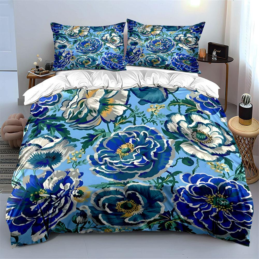Blue Floral Pattern Design Bedding Duvet Cover Set (1*Duvet Cover 2*Pillowcases, Without Duvet Insert)