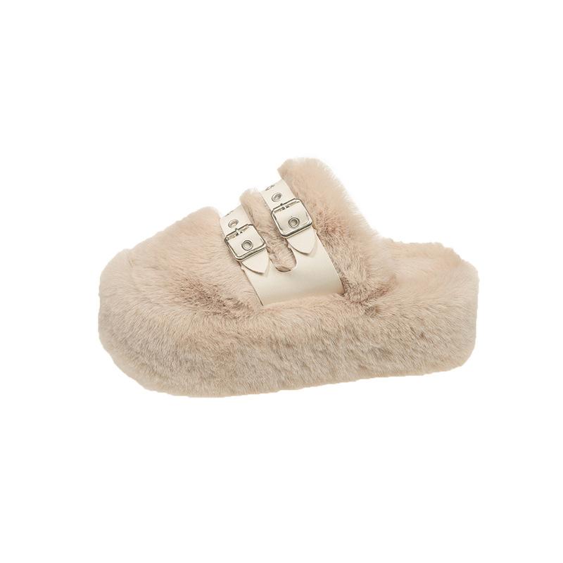 Baotou Thick-soled Fluffy Slippers Women's Autumn and Winter 2025 New Fashion Outer Wear Belt Buckle Fleece Thermal Cotton Slippers