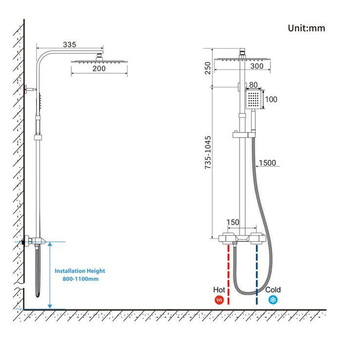 Colonne de douche - Mitigeur thermostatique - Pomme haute 30x20 cm - Chrome - Baignoire/Salle de bain