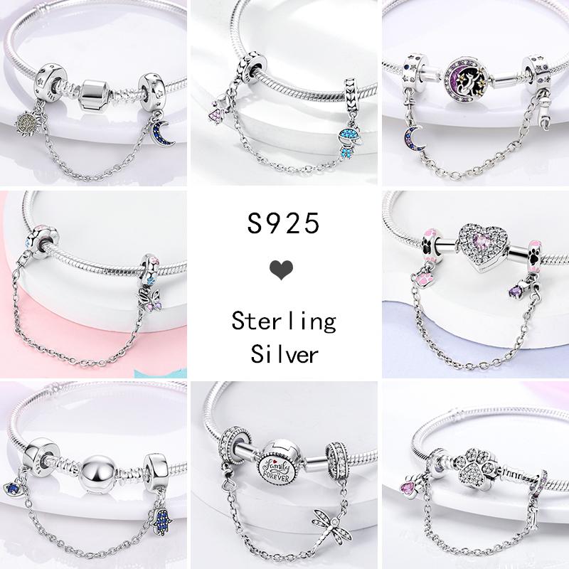 Star Moon Slide Safety Chains Charms 925 Sterling copper Heart Evil eyes Silicone Spacer Beads Fit Original Bracelet DIY Zircon