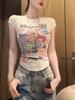 Camiseta de Verano para Mujer con Estampado de Letras y Dibujos, Corte Ajustado, Manga Corta