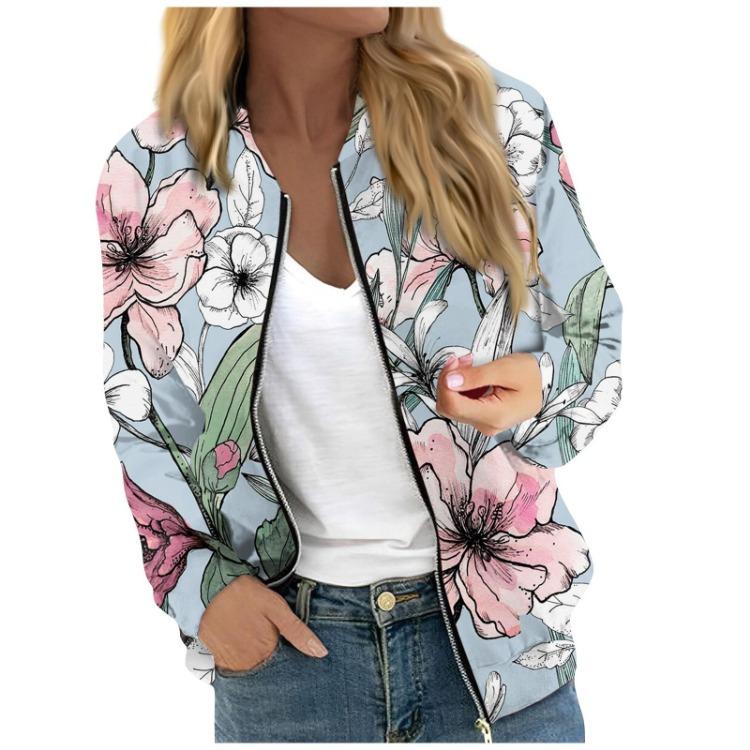 Women Floral Leaf Print Casual Long Sleeve Zipper Jacket Round Neck Fashionable