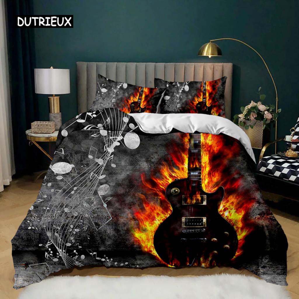 Guitar Duvet Cover Set Electric Guitar In Burning Musical Creativity Concept Music Double Queen King Size Polyester Qulit Cover
