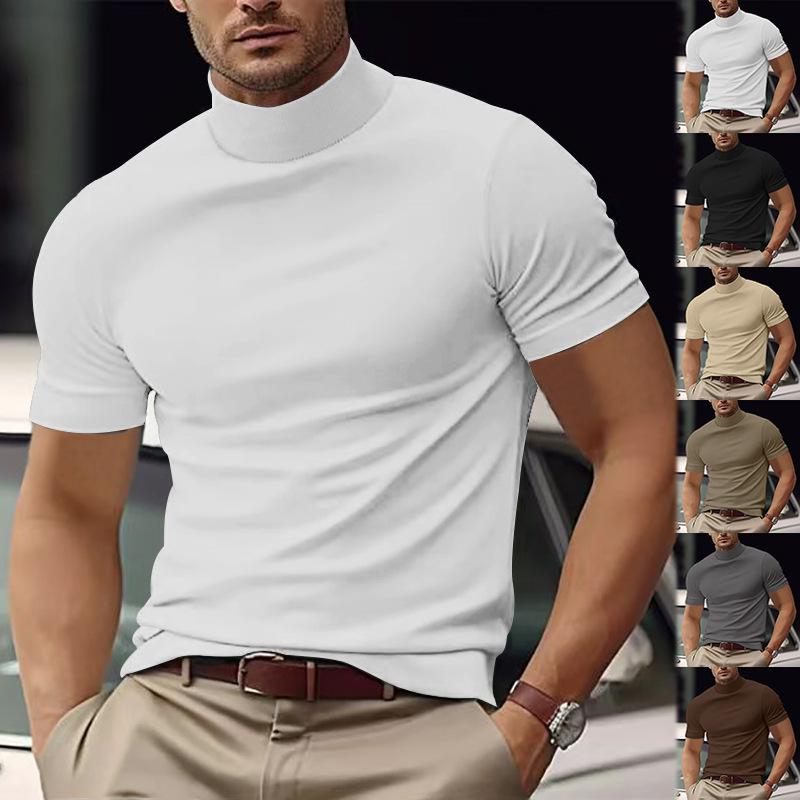 Mens Slim Fit Half Turtleneck Solid Color Short Sleeve Casual T Shirt