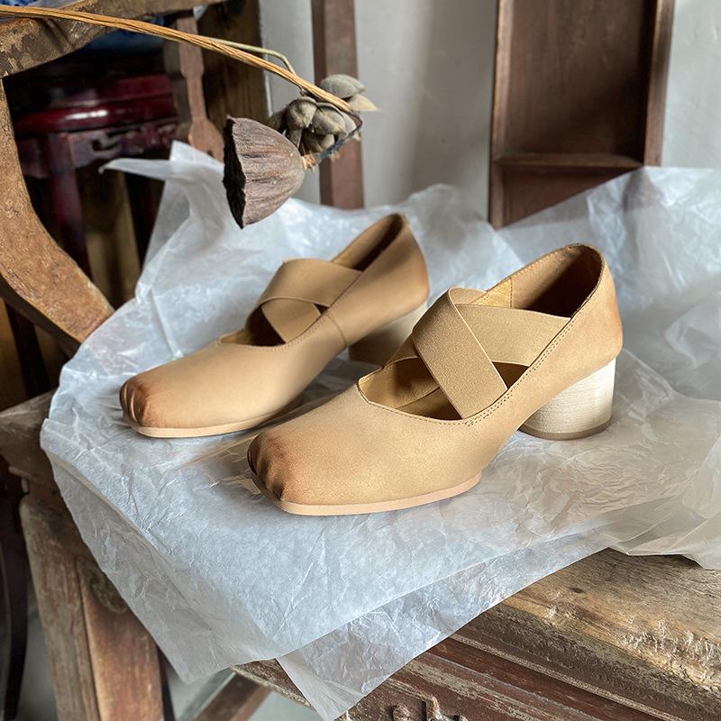 

Весна 2025 Балетки из кожи на среднем каблуке с массивным каблуком и квадратным носком 38