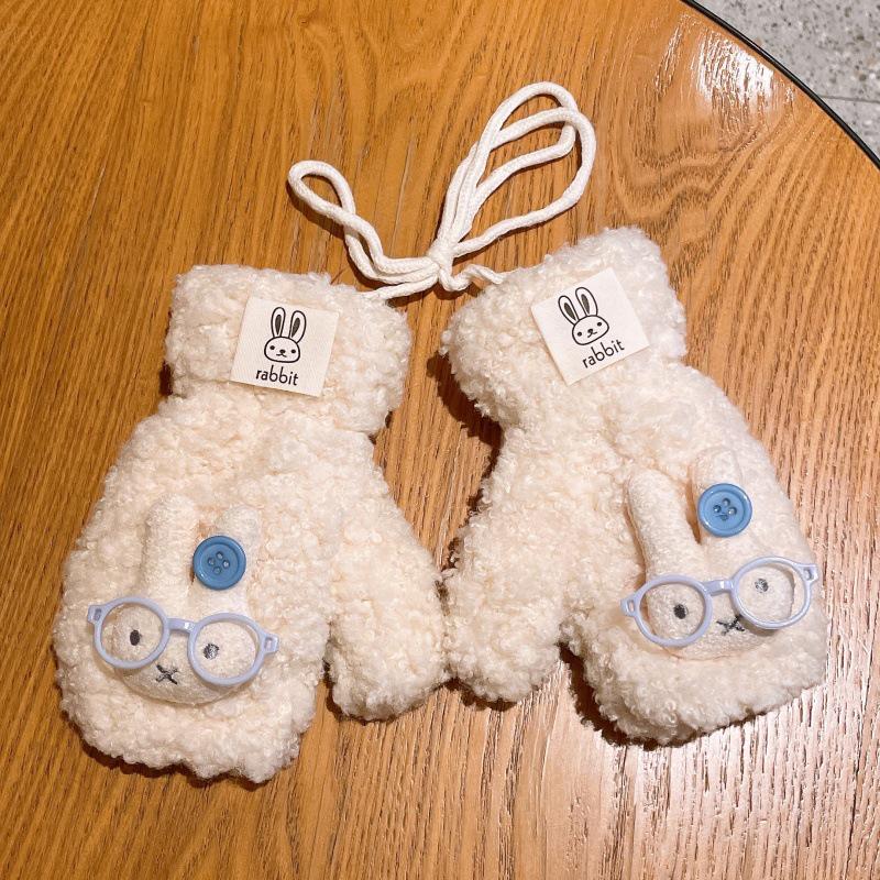 Charming Cartoon Rabbit Plush Gloves - Warm Velvet Lined Winter Mittens for Women and Students