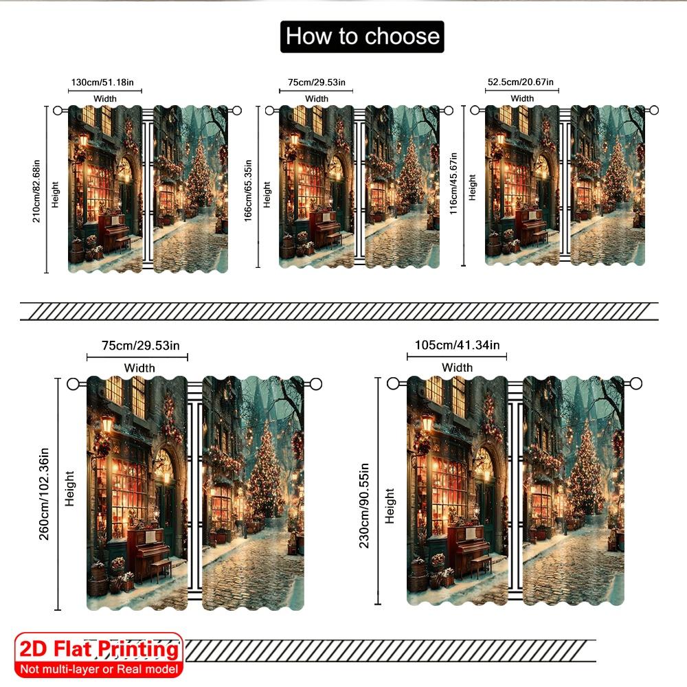 2pcs 2D flat printing Merry Christmas Curtains snowy street scene Durable 100% Polyester Fabric Without Electricity Festive