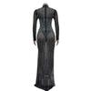 European & American Fashion Women's Solid Mesh Slit Long Dress with Hot Drill Accents