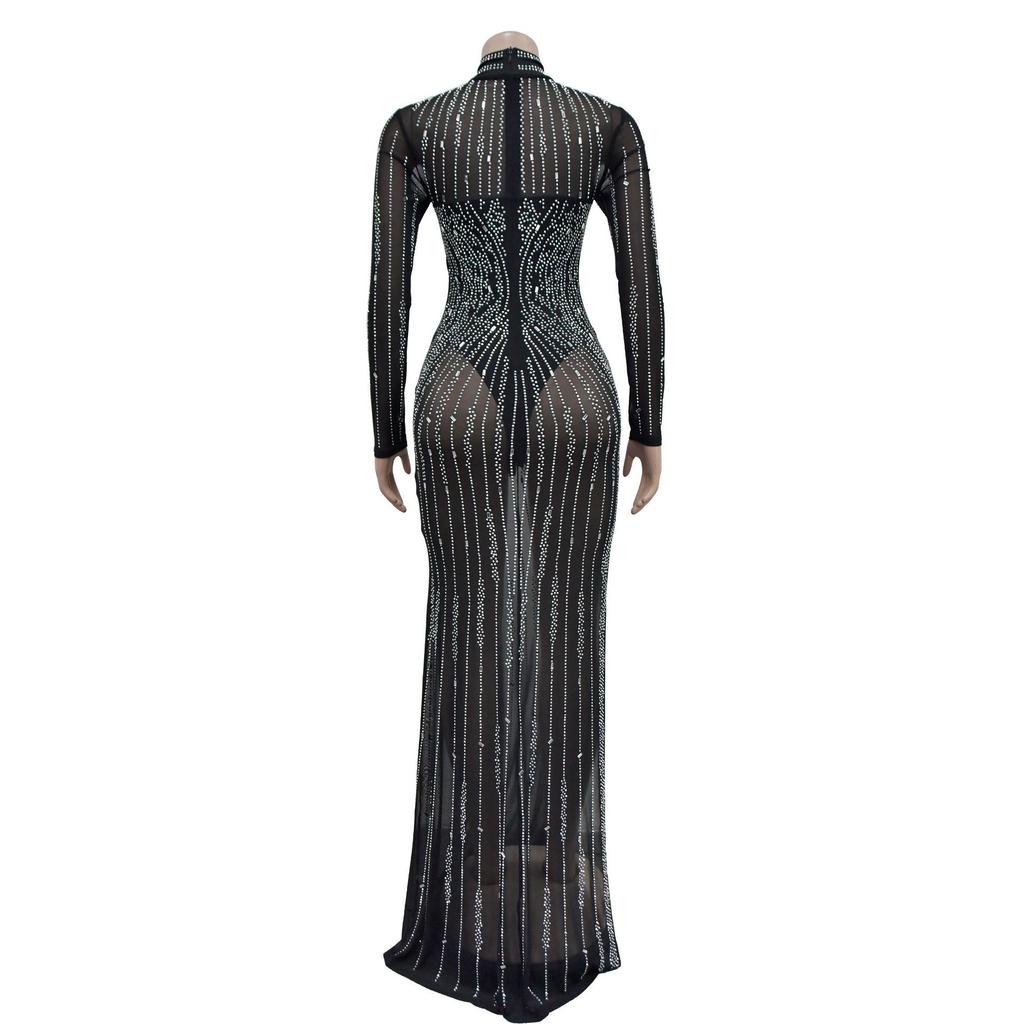 European & American Fashion Women's Solid Mesh Slit Long Dress with Hot Drill Accents
