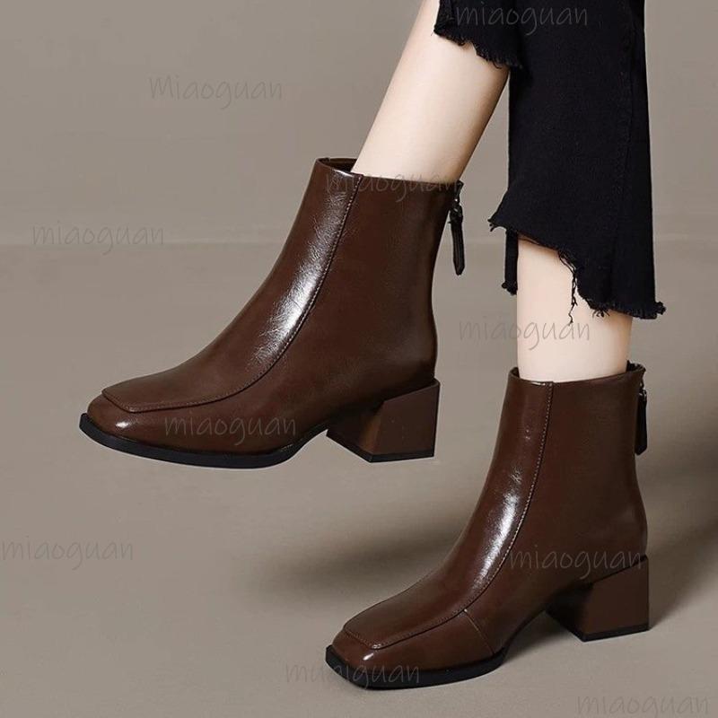Autumn Brown Women's Short Boots Winter Plush Black Boots for Women Elegant Square Toe Back Zip Botines 35-40 Bottes Femmes
