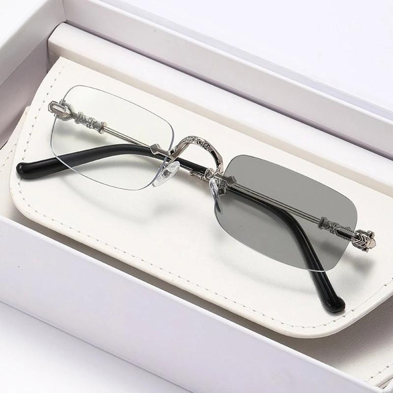 Metal Frameless Photochromic Myopia Glasses Unisex Square Frames Blue Light Protection Minus Diopter Eyeglasses 0 To -4.0