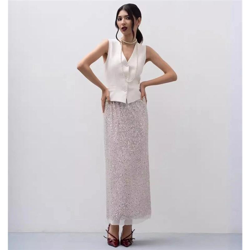 European And American Sequin Vest With Beaded Long Dress Elegant Sexy Versatile Party Dress Set For Women