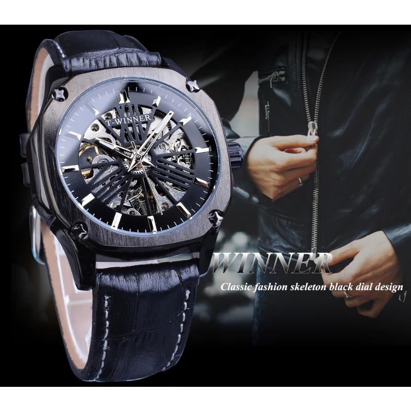 WINNER Men's Fashion Casual Hollow Out Mechanical Movement Waterproof Automatic Mechanical Watch