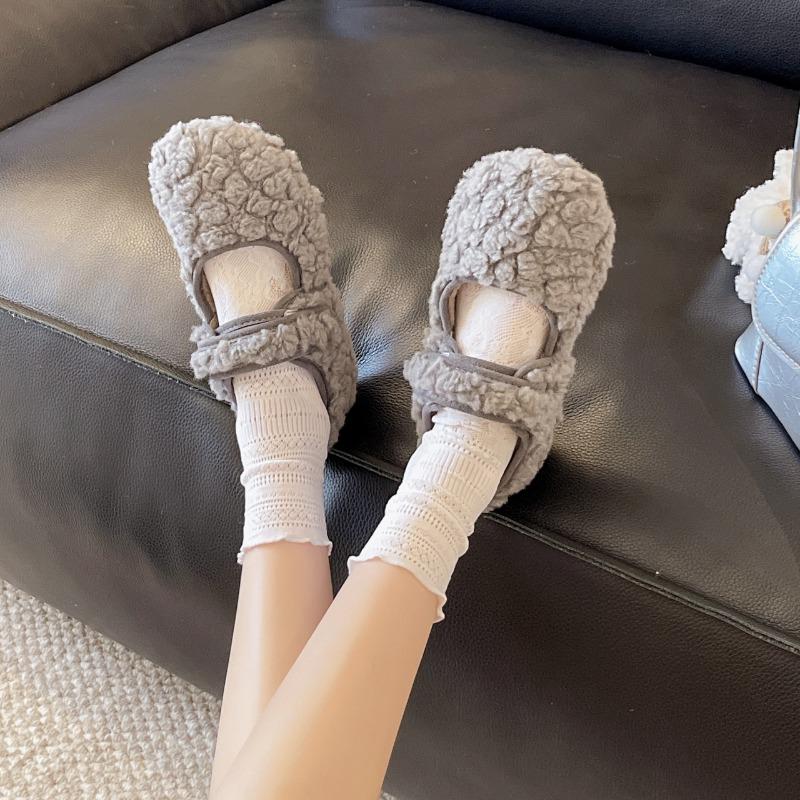 Fashion Autumn Woolen Fur Women Warm Cotton Flats Shoes Concise Outdoor Soft Sole Shoes Ladies Comfort Mary Jane Shoes