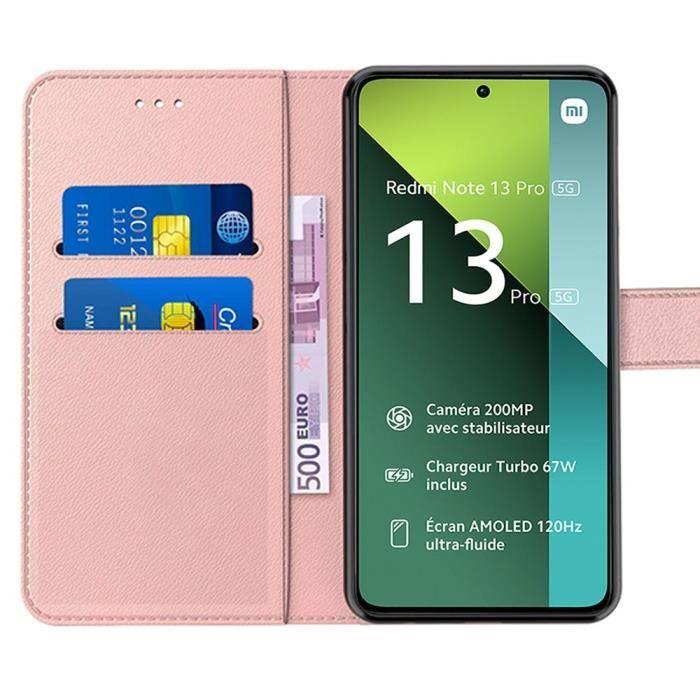 Coque - E.F.Connection - pour Xiaomi Redmi Note 13 Pro 5G - Antichoc - Cuir PU - Rose - avec 2 Verres Trempés