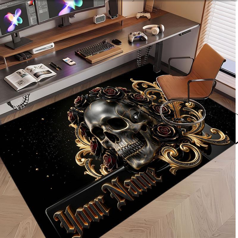Skull Gothic Theme Soft Crystal Velvet Rug Custom Name & Text Print Non Slip Floor Rug for Bedroom Living Room