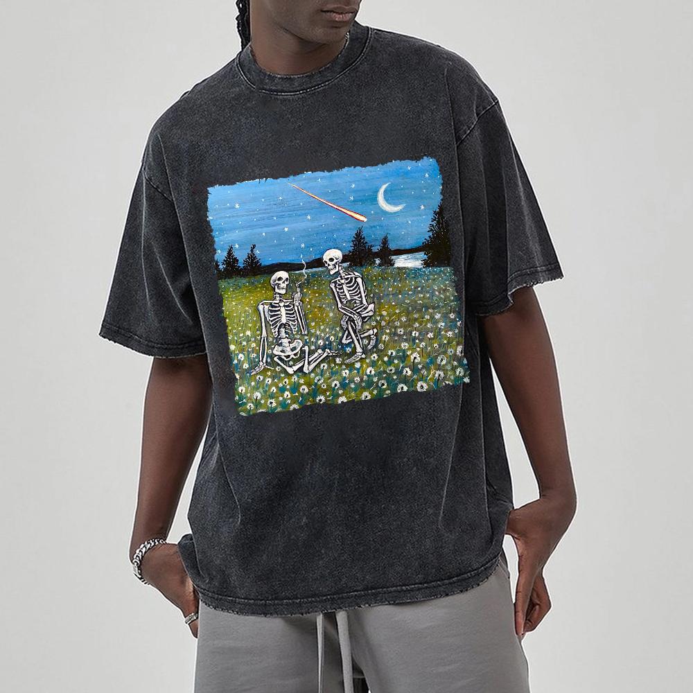 Sommar T-shirt Dödskalle Ställ Tryck Tvättad Oversized Kortärmad Casual Retro Outfit Y2K Damkläder