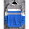 Boys' color blocked hooded sweatshirt with simple mountain pattern design in gray, blue, and white stripes