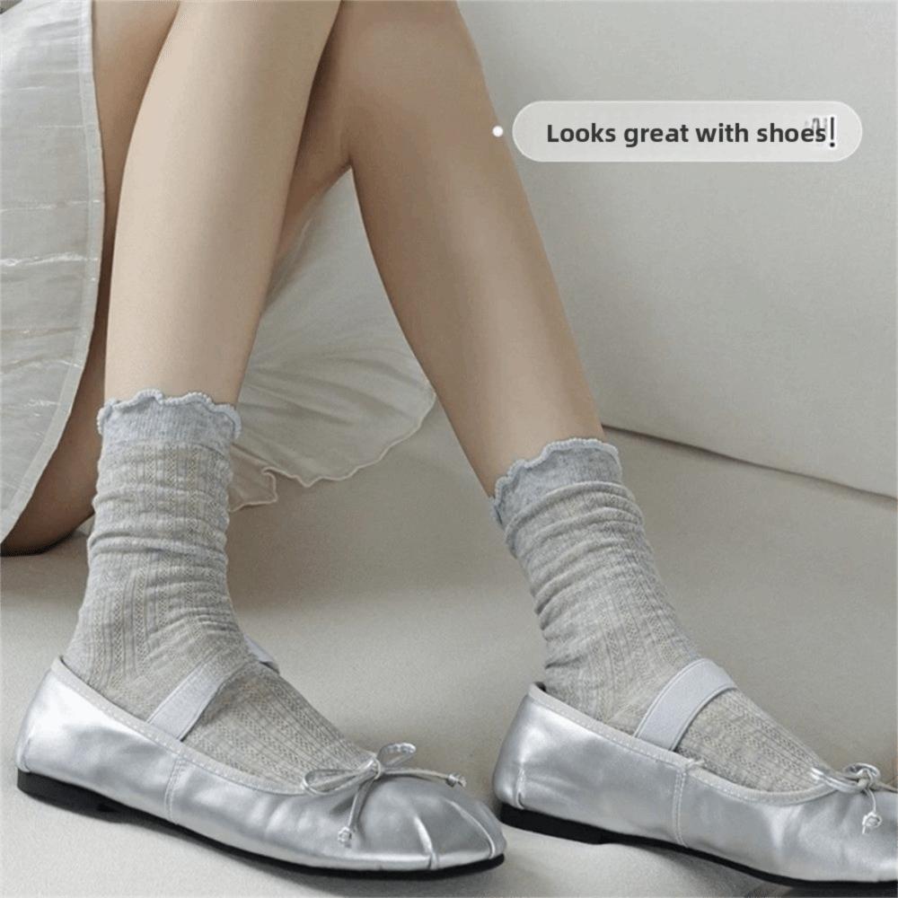 Hollow Out Mesh Mid Tube Socks Solid Color Ruffle Cotton Socks New Lolita Socks  JK