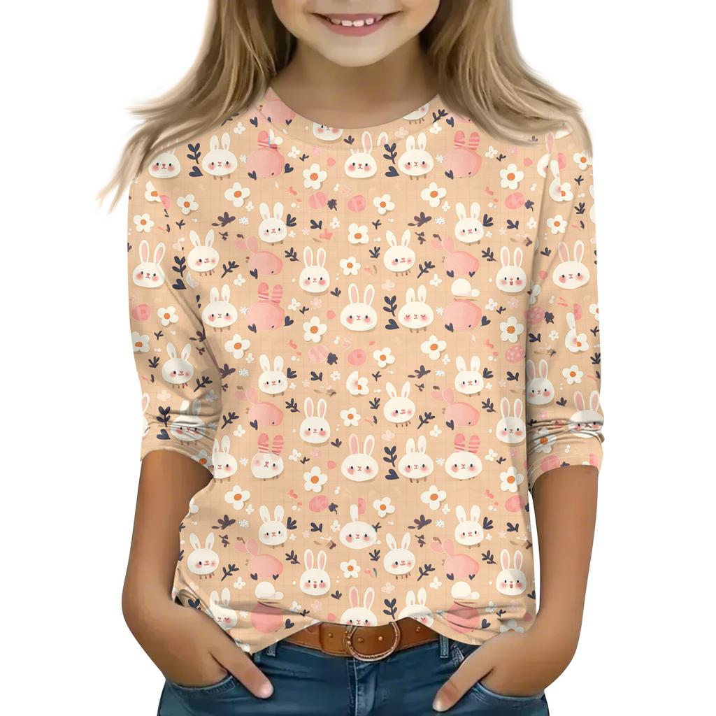 Print Tops For Youth Girls Round Neck 3/4 Sleeves T-Shirts Trendy Tops Outfit Tees
