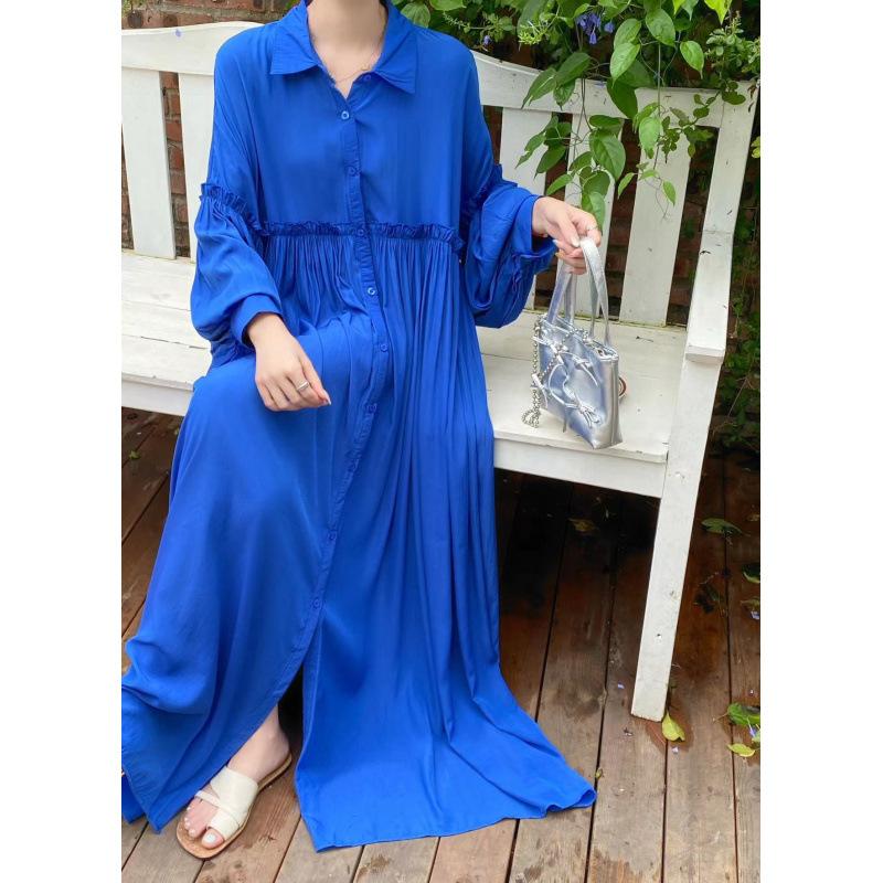 

Корейські вільні сукні-сорочки на один ґудзик для жінок, літні повсякденні однотонні довгі сукні, елегантні сукні з довгим рукавом та відкладним коміром One Size синій