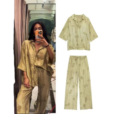 Tie-dye Print Long Pants Sets for Women Lapel Half Sleeve Single Breasted Shirts Drawstring Wide Leg Pant Suit