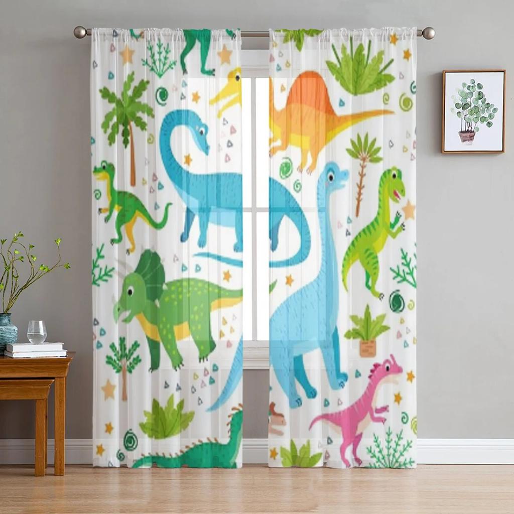 Animal Green Dinosaur Plant Tulle Sheer Window Curtains for Living Room Kitchen Children Bedroom Voile Hanging Curtain