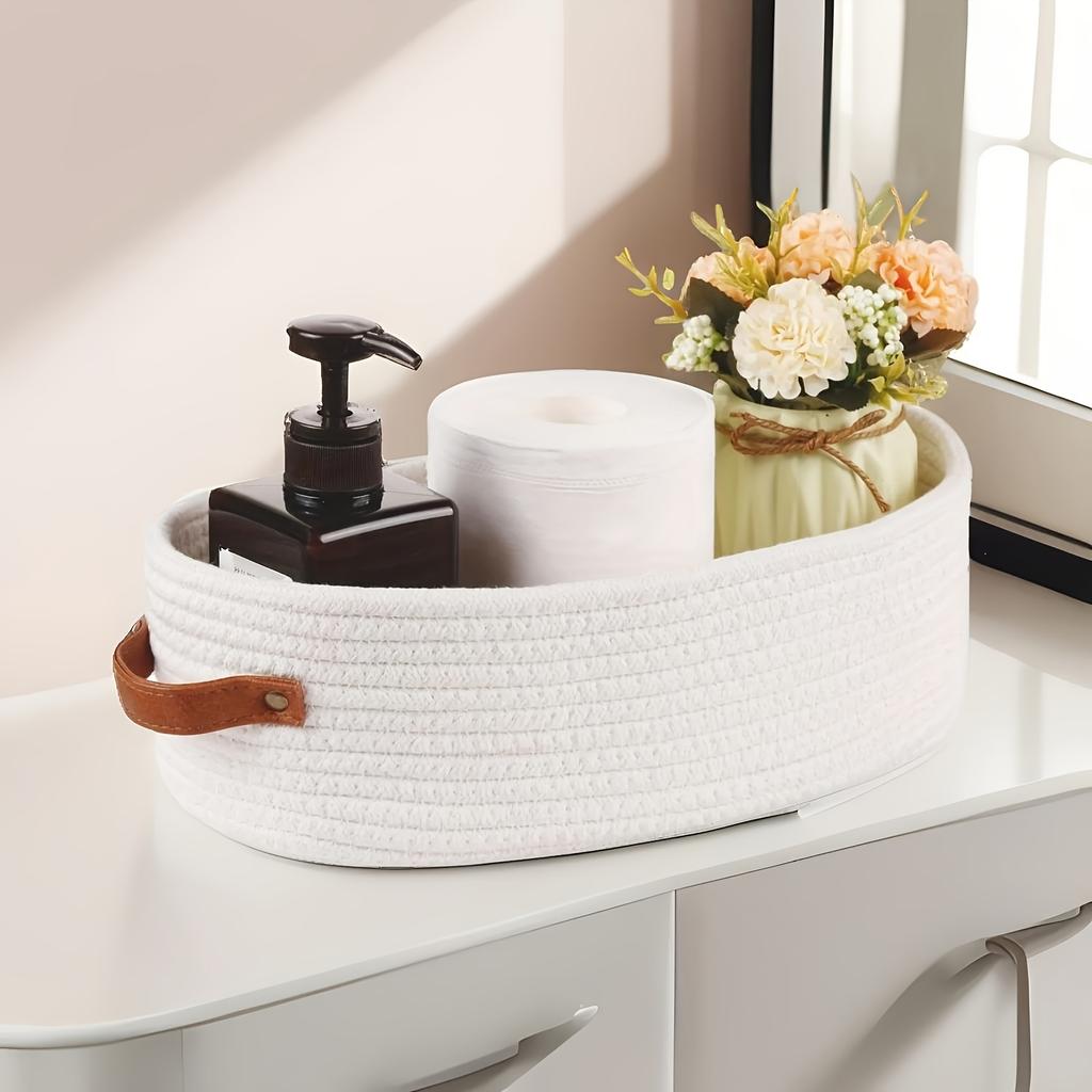 [Woven Storage Basket] Woven Storage Basket with Handle | Multifunctional Desktop Organizer, Oval Storage Bin, Rope-Woven Basket
