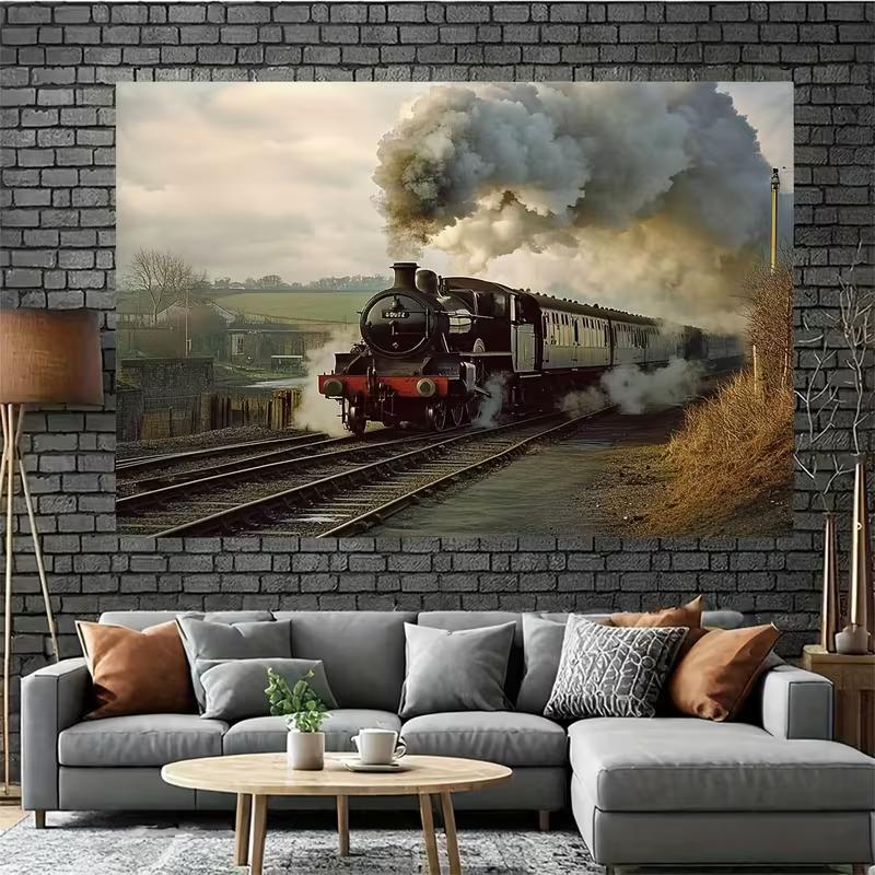 2D Black Steam Locomotive Backdrop Old Countryside Railway Photo Booth Background