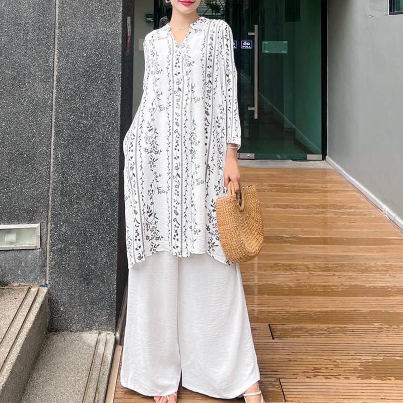 ZANZEA Women Print Long Blouse and Pants Casual Two Piece Suit Sets