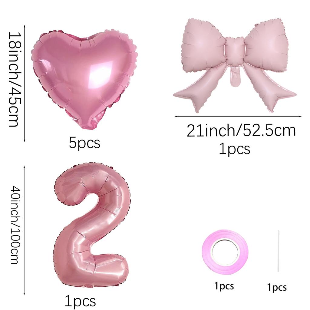 7pcs Pink Foil Number Balloon Set Bows Heart Balloons Numbers 1-9 Baby Shower Decor Girl's Birthday Party Decor Wedding Supplies 5
