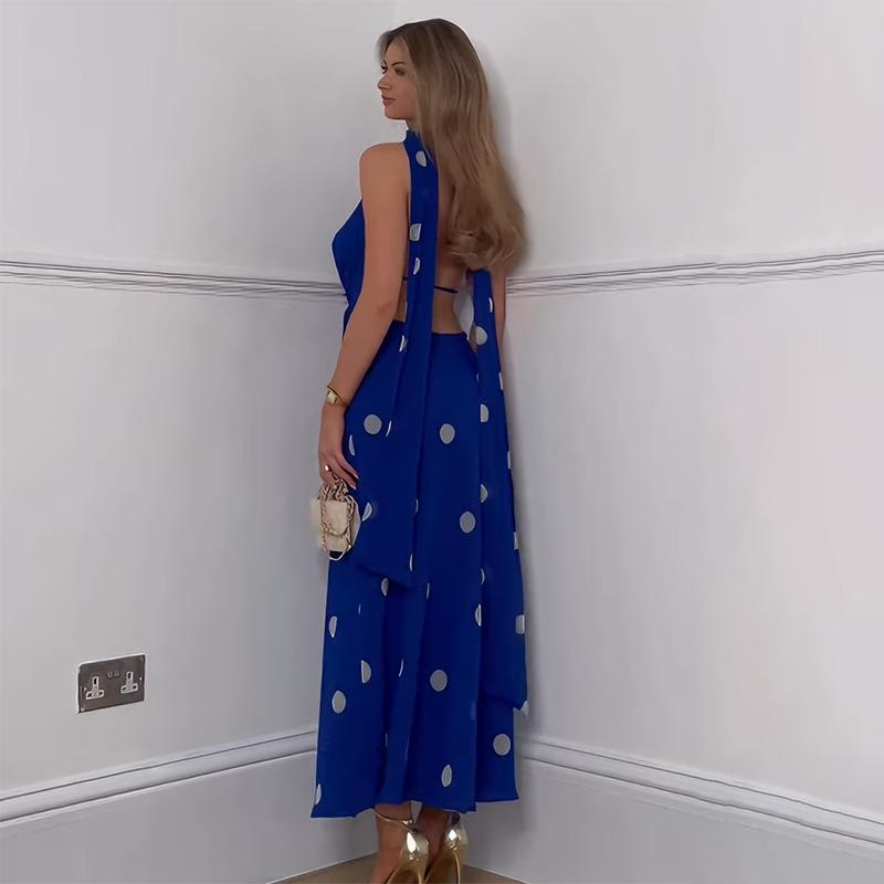Blue Polka Dot Print Backless Long Dress For Women 2026 Sexy V Neck Bandage Hollow Out Maxi Dresses Beach Party Elegant Evening Dress