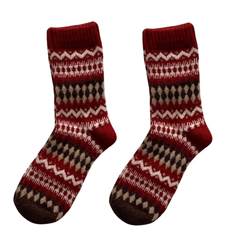Noworoczne Czerwone Skarpety, Skarpety Fair Isle, Jesienno-Zimowe Zagęszczone Wełniane Skarpety do Połowy Łydki, Retro w Kształcie Diamentów