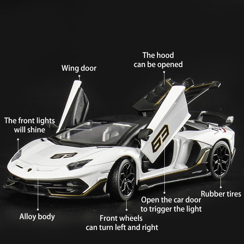 1/24 skala Lambo Aventador SVJ63 odlany model samochodu zabawka, zabawka napędzana typu pull back z dźwiękiem i światłem dla dzieci maluch chłopcy dziewczęta kolekcja prezentów