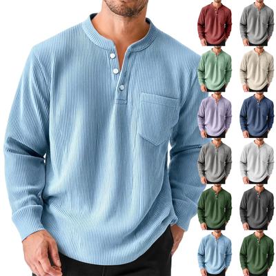 Men's Solid Color Corduroy Three-button  Collar Men's Long-sleeved Shirt