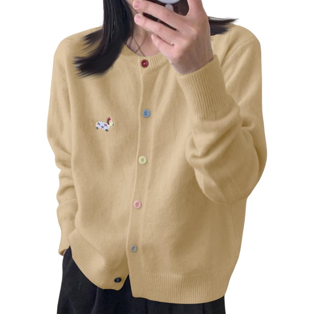 Women's Colorful Buttons Unique Design Dachshund Embroidered Round Neck Versatile Cardigan Knitted