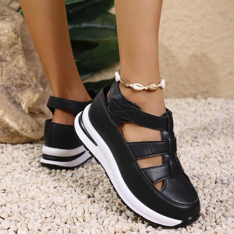 Sommer neue Keilabsatz Sandalen Taschenkopf hohl atmungsaktiv Damen Außenhandel große Größe Muffin dicke Sohle Klettverschluss Damenschuhe