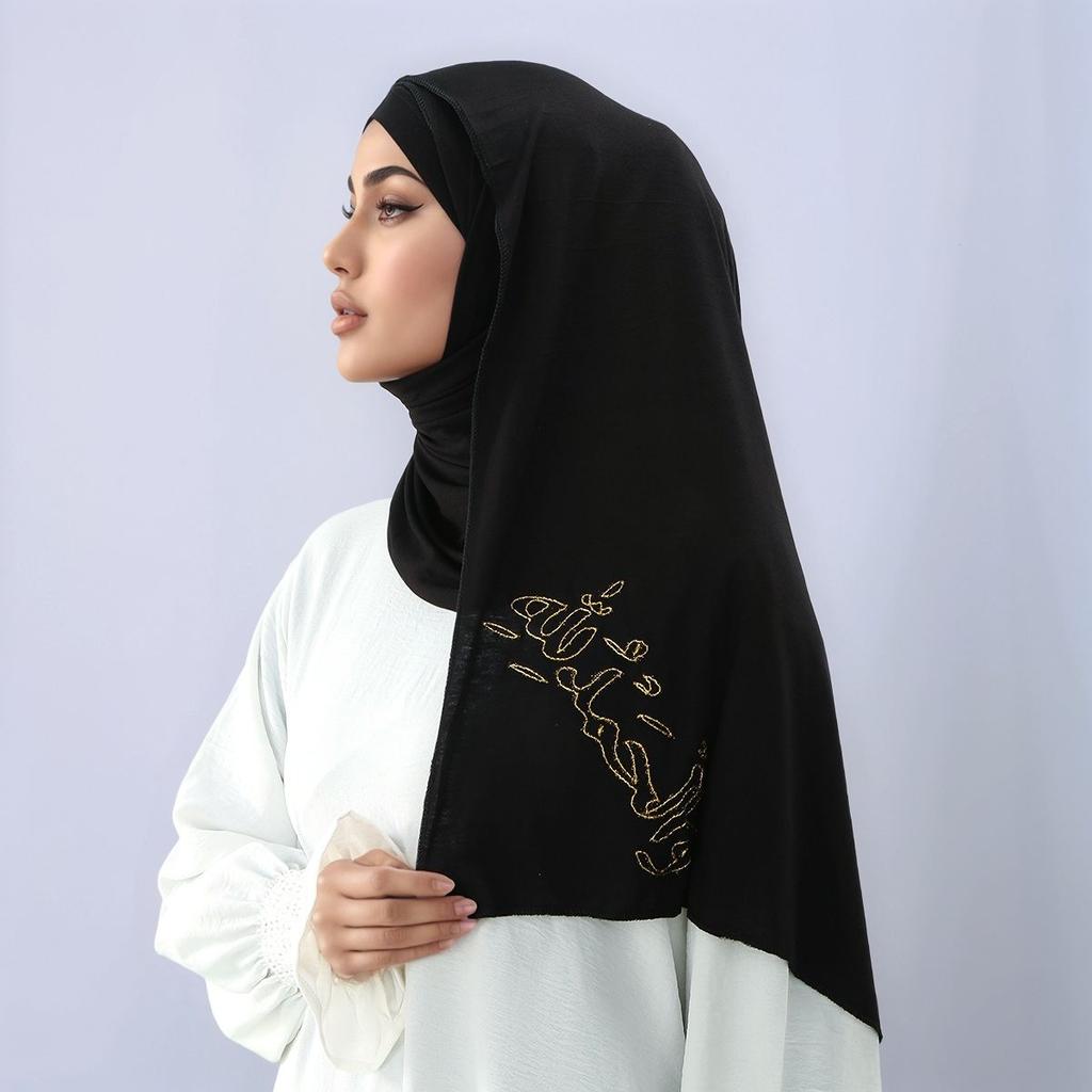 Golden Embroidery Cotton Jersey Hijab Scarf For Muslim Women Solid Headscarf Islamic Head Cover Prayer Turban Foulard 170*60Cm