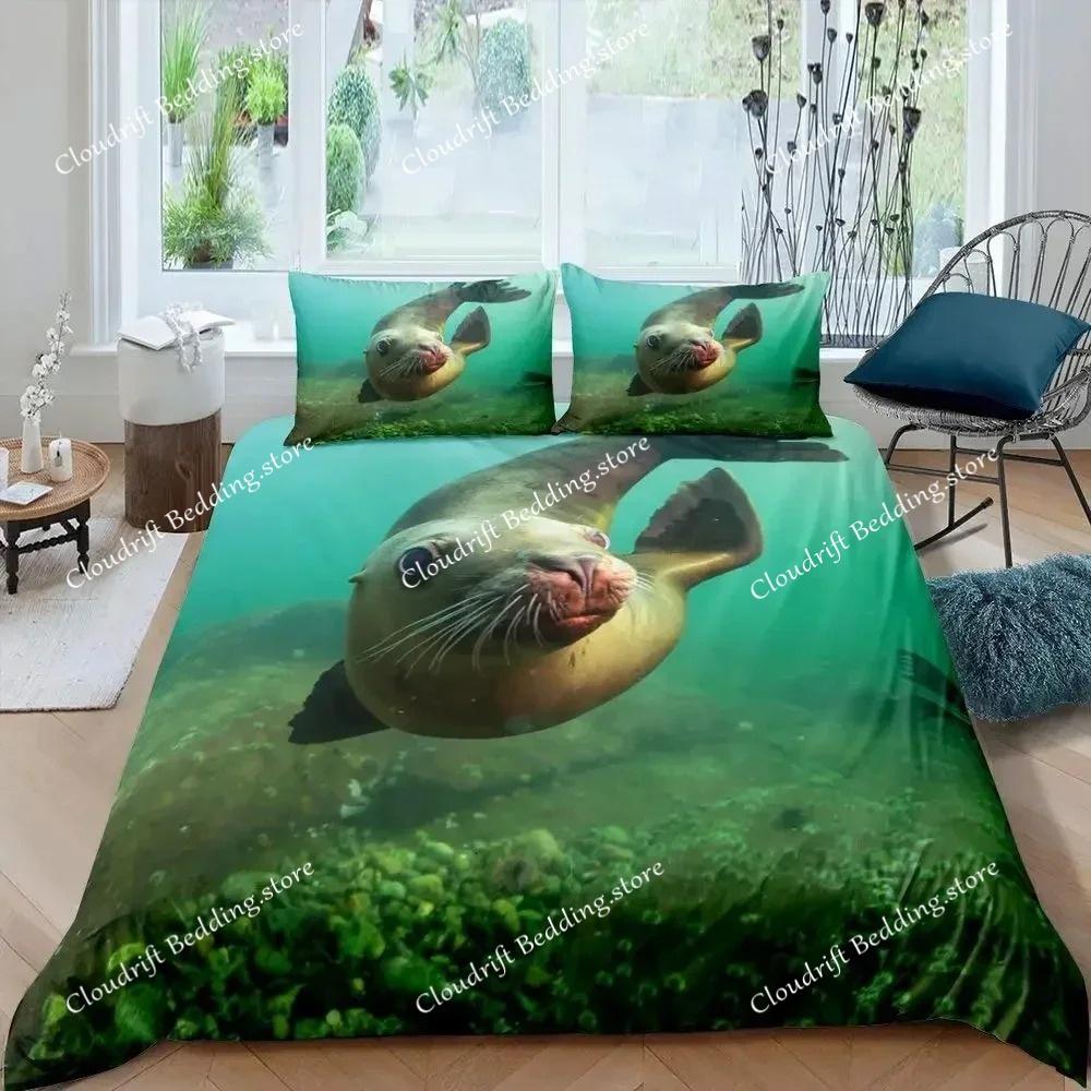 Siegel Bettbezug King Size Schönes schwimmendes Siegel Bettwäsche-Set Niedlicher Ozean Exotischer Stil Meeresleben Polyester Deckenbezug