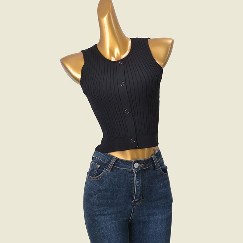 

Экспорт Оригинальный Заказ Внешней Торговли Круглый Вырез Металлическая Пряжка Без Рукавов Вязаный Жилет в Полоску Модный Стиль Слим Эластичная Базовая Майка Black All yards