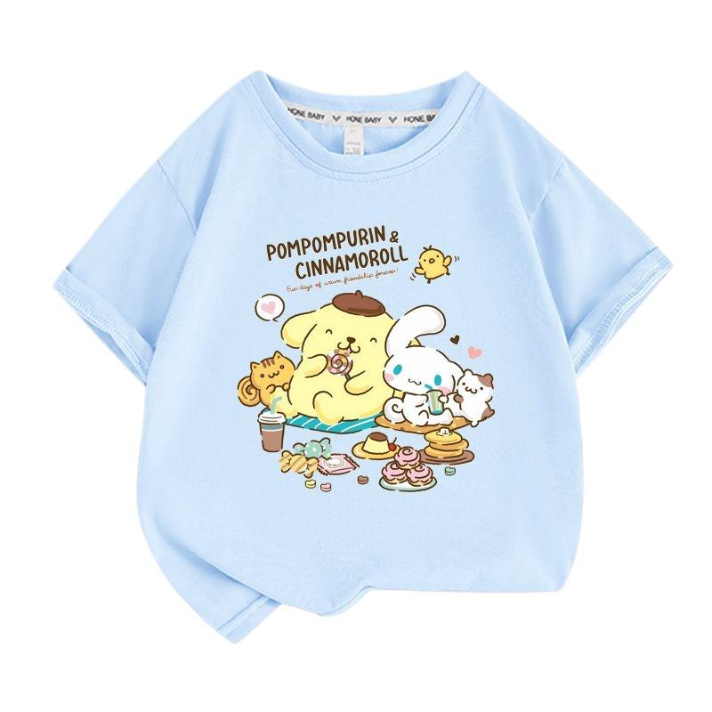 Sanrio Summer Girls' and Boys' Pudding Dog Printed T-Shirt Cartoon Short Sleeve Top