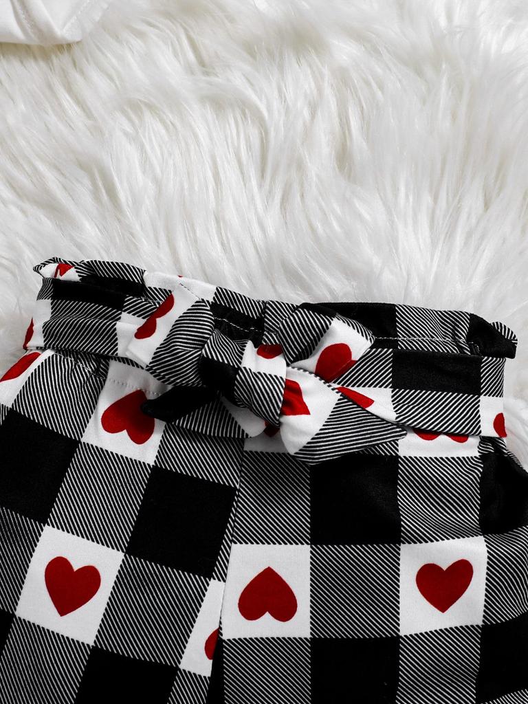 Heart Print Cap Sleeve & Plaid Long Sleeve Set for Girls